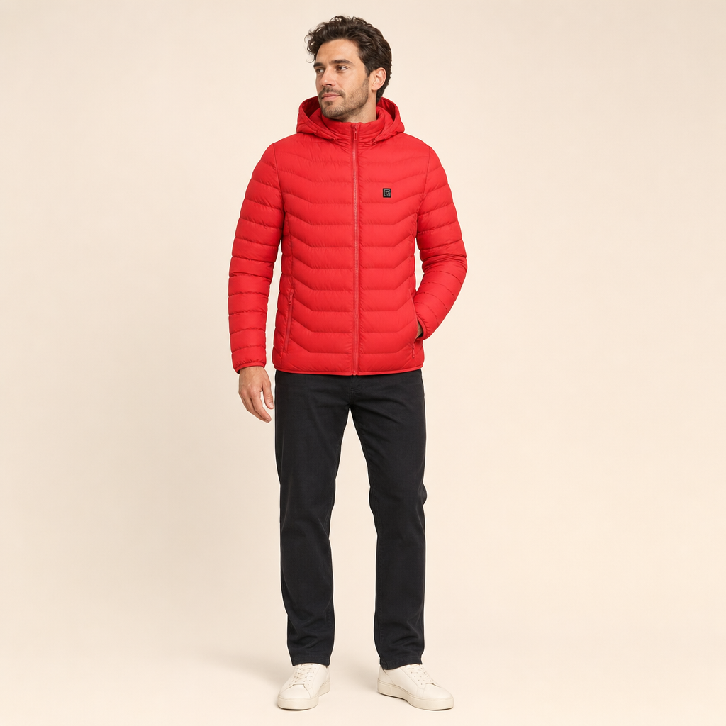 Unisex Hooded Quilted Heated Puffer Jacket with Zip Front in Colour: Red