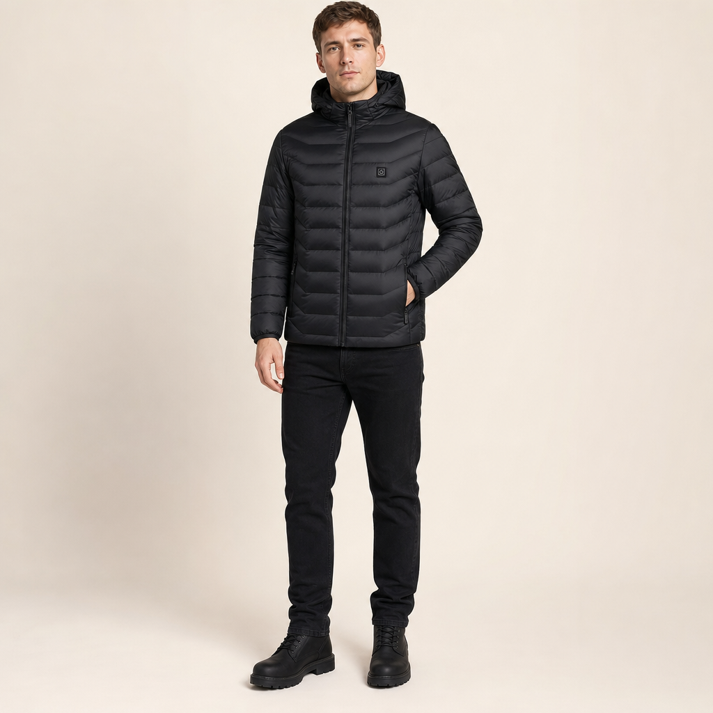 Unisex Hooded Quilted Heated Puffer Jacket with Zip Front in Colour: Black