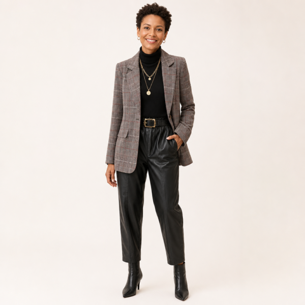 Women’s Brown Plaid Single-Button Lapel Blazer