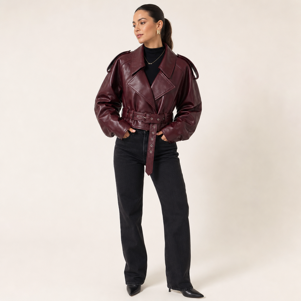 Women’s Cropped PU Jacket with Wide Lapels and Statement Sleeves