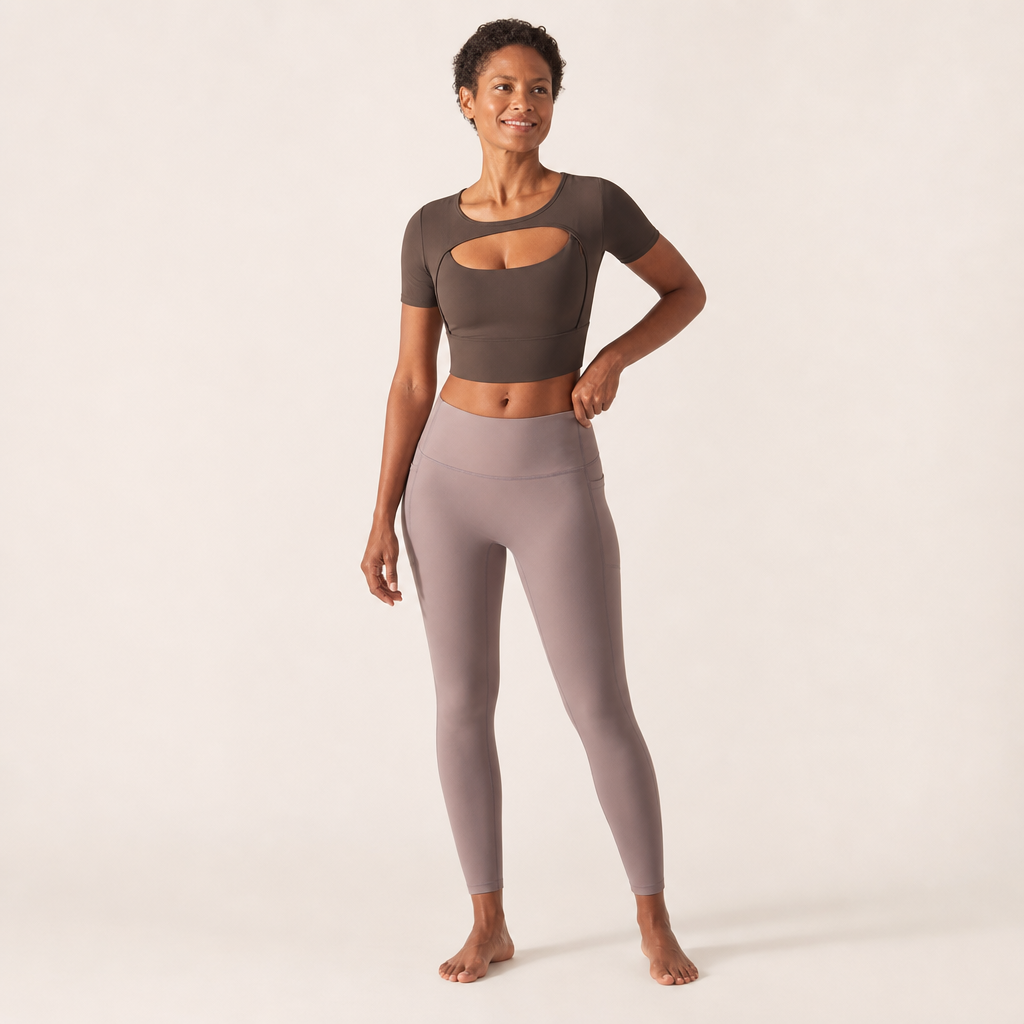 Women’s Double-Layer Short-Sleeve Cutout Crop Top