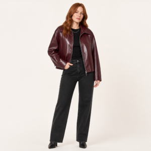 Women’s Faux Leather Lapel Zip-Front Jacket