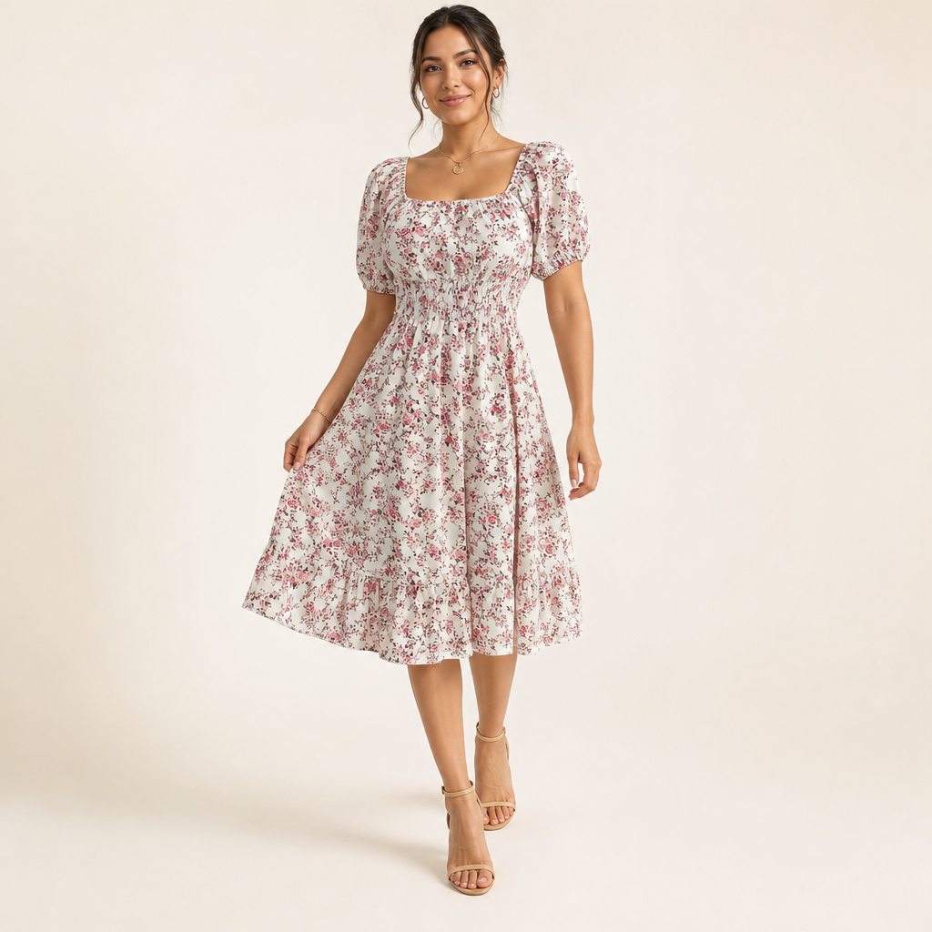 Women’s Floral Print Square Neck Smocked Waist Midi Dress