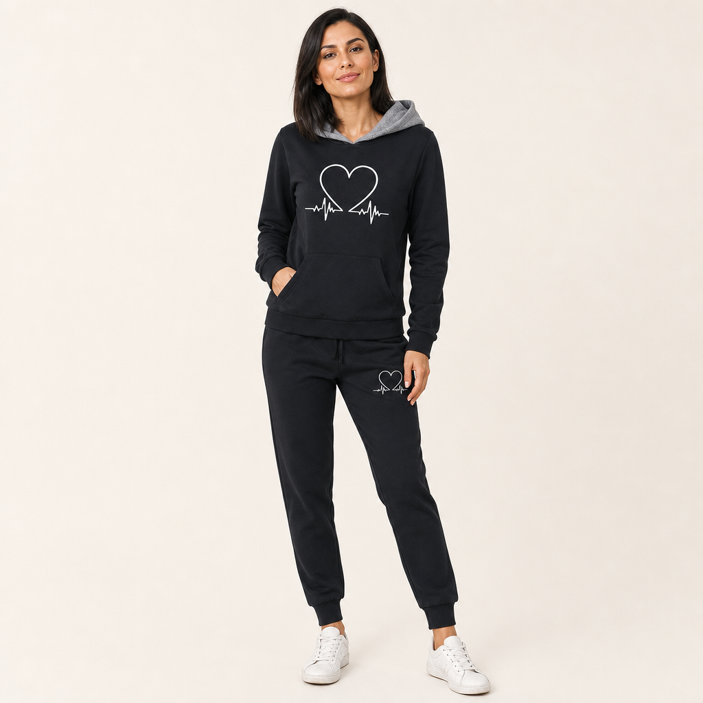 Women’s Heartbeat Graphic Hooded Tracksuit Set with Joggers