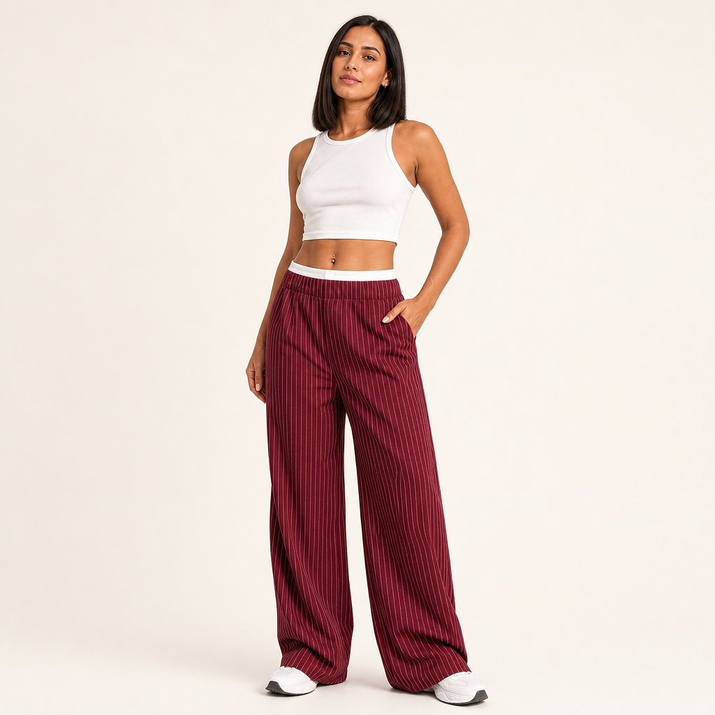 Women’s High-Waisted Pinstripe Wide-Leg Trousers With Pockets