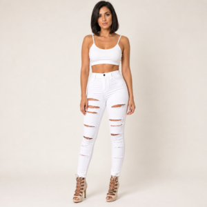 Women’s High-Waisted Skinny Ripped Jeans with Five-Pocket Styling