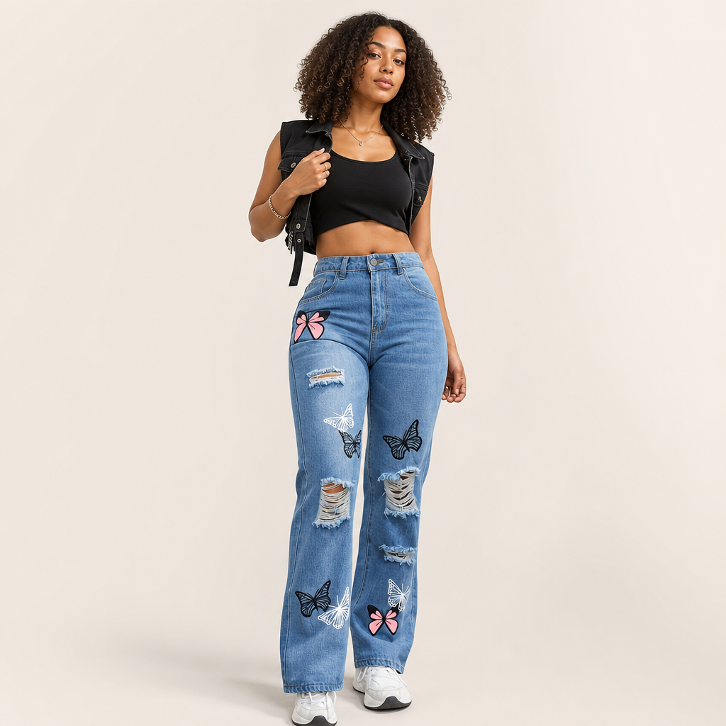 Women’s High-Waisted Straight-Leg Butterfly Print Ripped Jeans