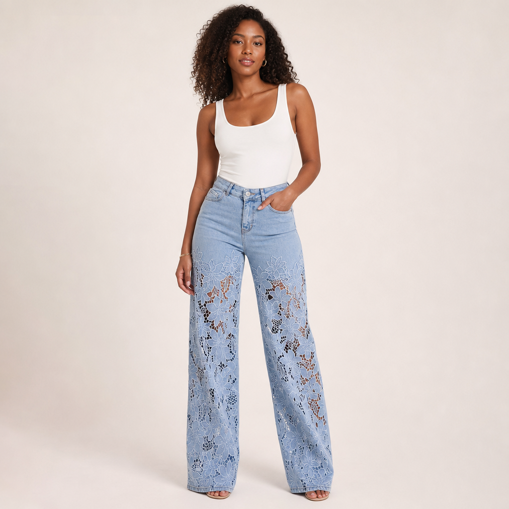 Women’s High-Waisted Wide-Leg Floral Lace Panel Jeans