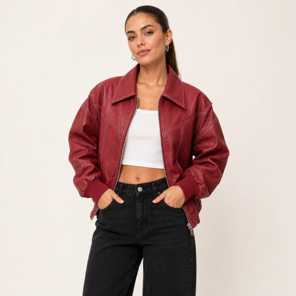 Women’s Lapel Zip Front Jacket with Contrast Stitching