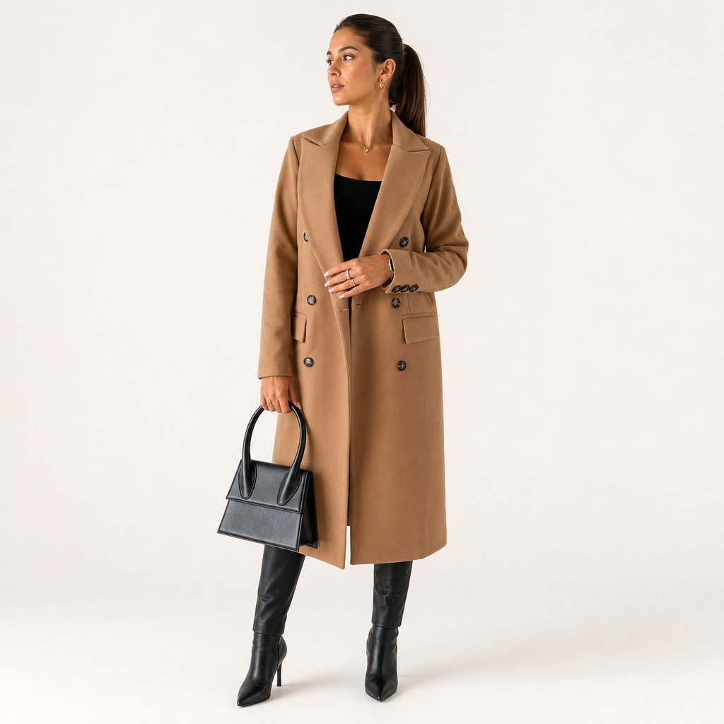 Women’s Long Double-Breasted Lapel Coat with Flap Pockets