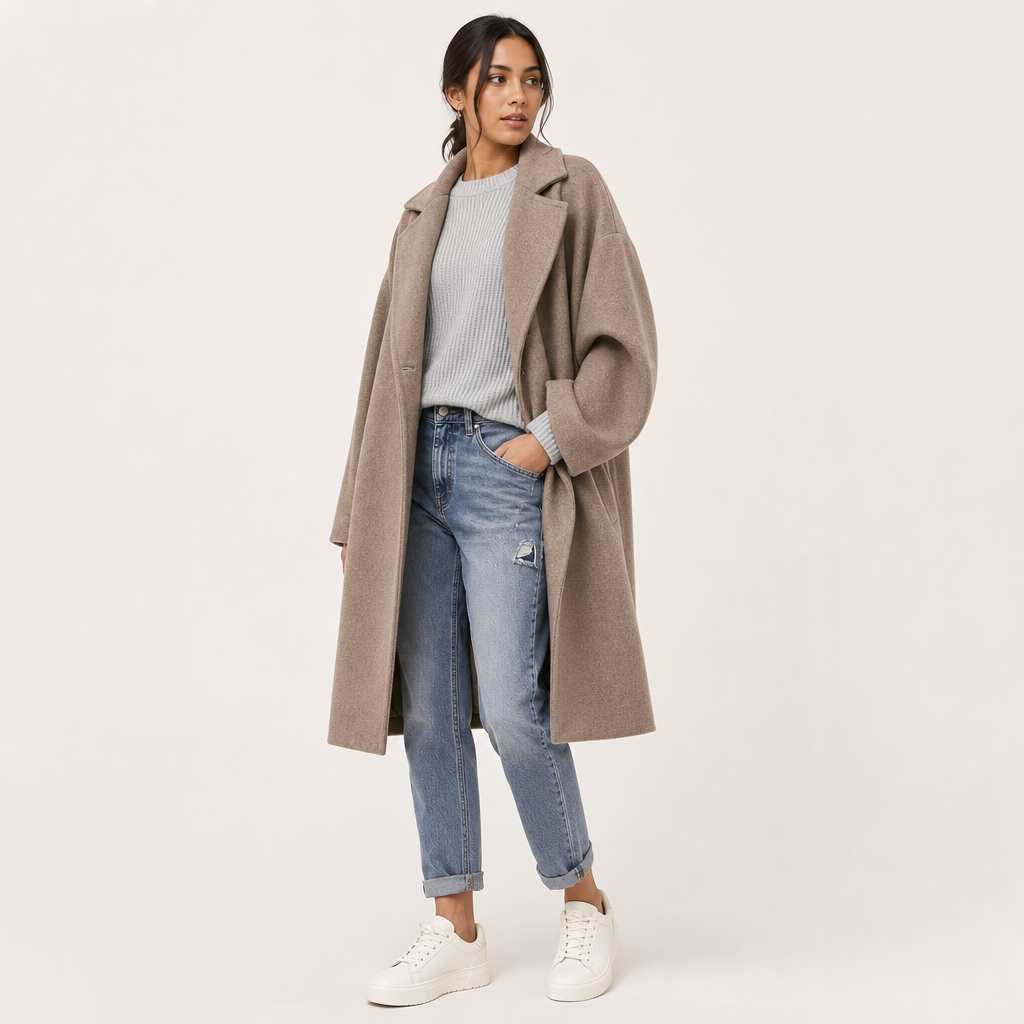 Women’s Long Lapel Coat with Pockets and Single-Breasted Front