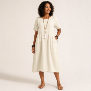 Women’s Loose Midi Dress With Short Sleeves And Patch Pockets