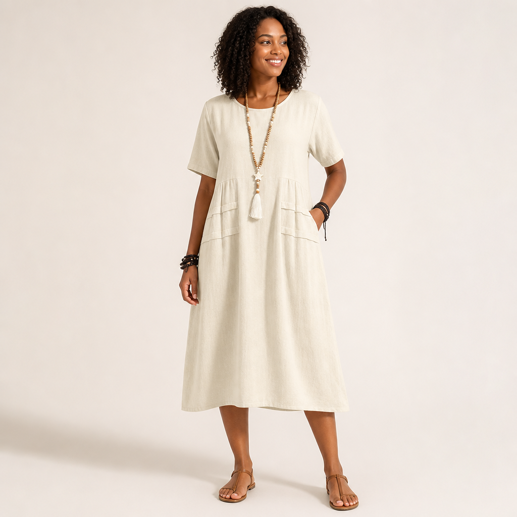 Women’s Loose Midi Dress With Short Sleeves And Patch Pockets