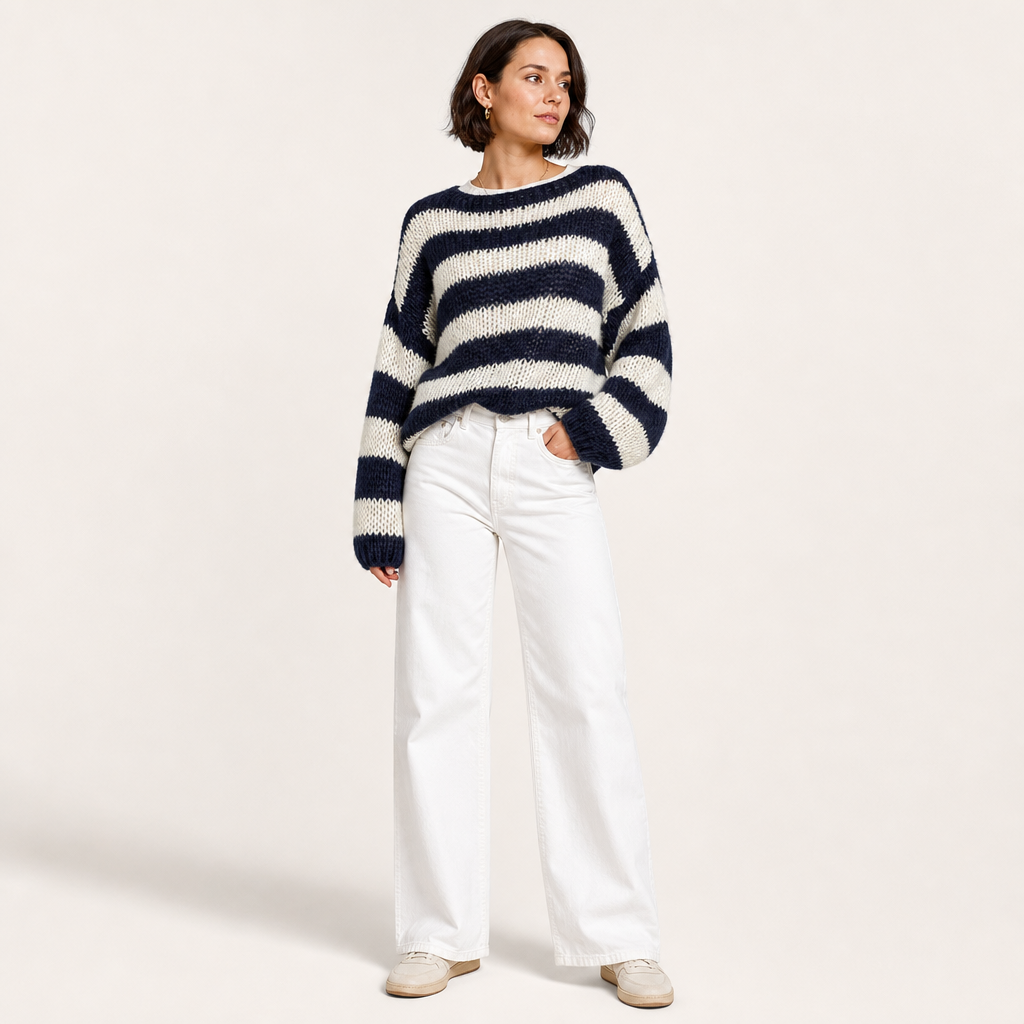 Women’s Loose Striped Knit Pullover Sweater with Long Sleeves