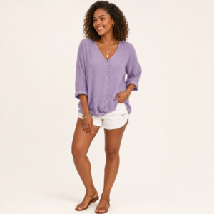Women’s Loose V-Neck Button-Front Three-Quarter Sleeve Cardigan