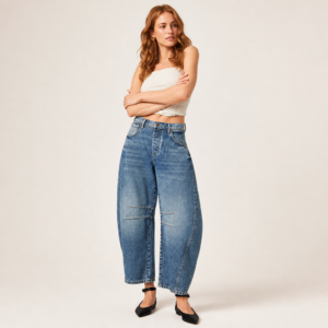Women’s Mid-Rise Washed Barrel-Leg Jeans with Knee Seam Detail