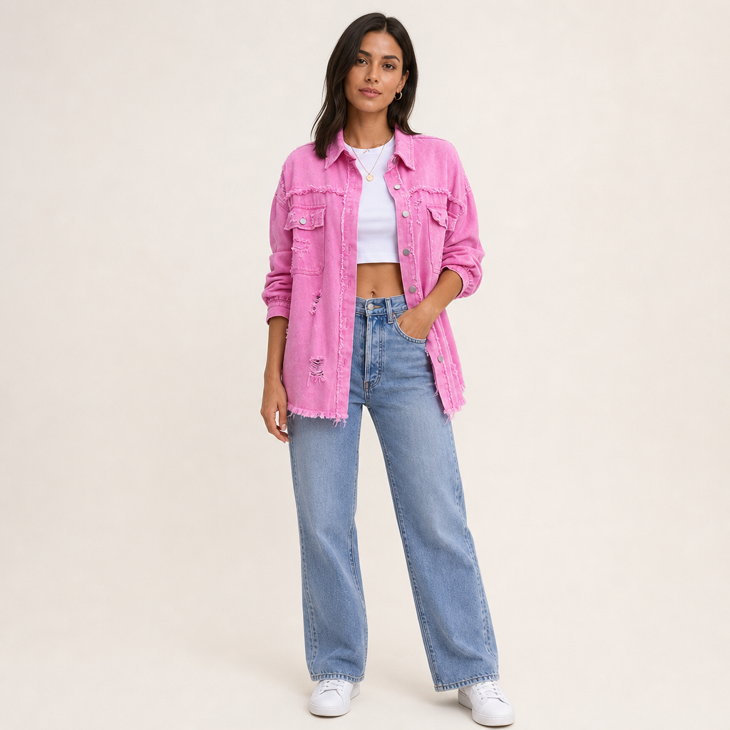 Women’s Oversized Distressed Frayed Hem Shirt Jacket