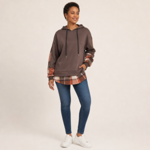 Women’s Oversized Pullover Hoodie with Plaid Sleeve Panels