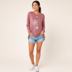 Women’s Pink Dandelion Graphic Crewneck Long Sleeve T-Shirt