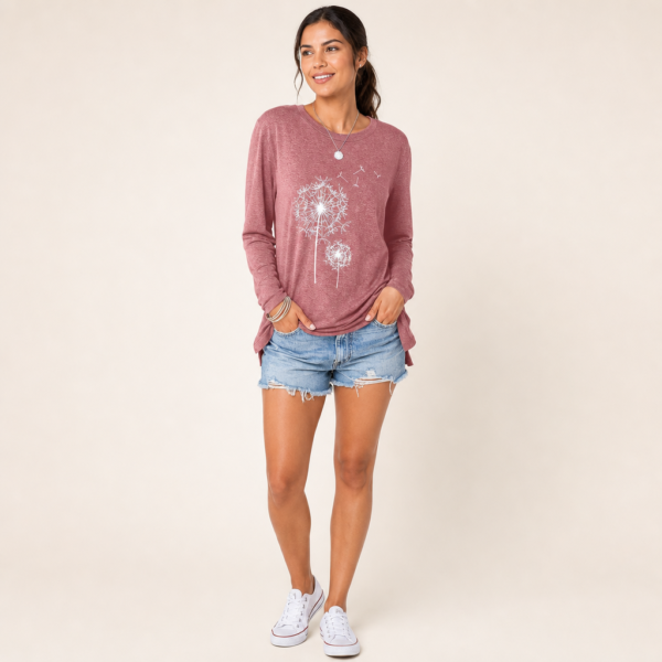 Women’s Pink Dandelion Graphic Crewneck Long Sleeve T-Shirt