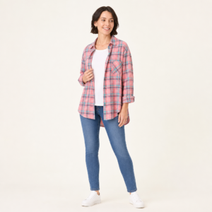 Women’s Plaid Button-Front Long Sleeve Shirt With Curved Hem