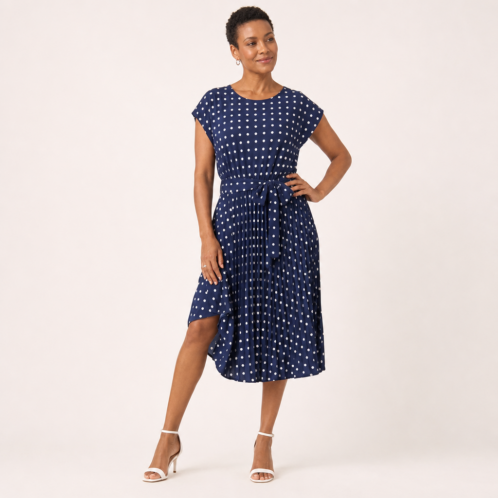 Women’s Polka Dot Short Sleeve Pleated Midi Dress