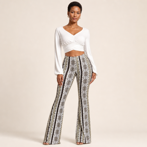 Women’s Printed Low-Rise Flared Trousers with Vertical Pattern