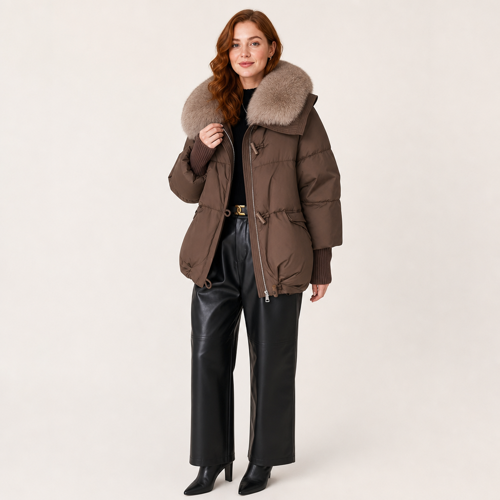 Women’s Quilted Padded Jacket with Plush Fur Collar