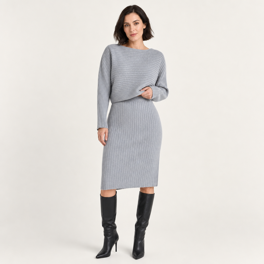 Women’s Ribbed Long-Sleeve Top and Midi Skirt Set