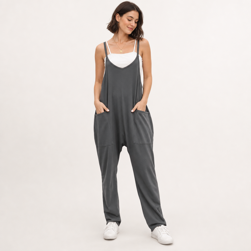 Women’s Sleeveless V-Neck Loose Jumpsuit With Patch Pockets