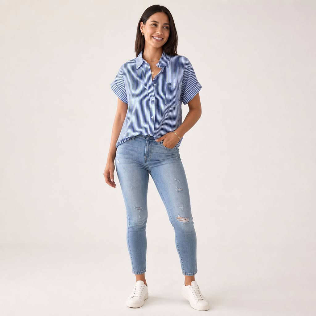 Women’s Striped Button-Front Short-Sleeve Blouse with Pocket