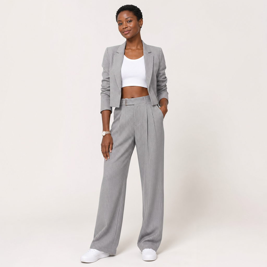 Women’s Striped Cropped Blazer and Straight-Leg Trousers Set