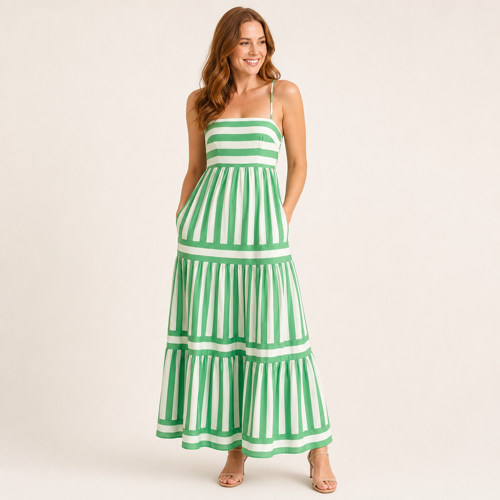Women’s Striped Tiered Maxi Dress with Square Neck and Pockets