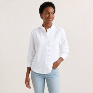 Women’s Textured Ruffle Front Button-Up Blouse