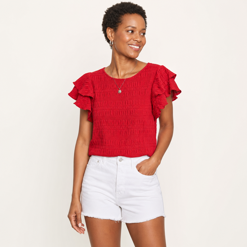 Women’s Textured Smocked Top with Double Ruffle Sleeves