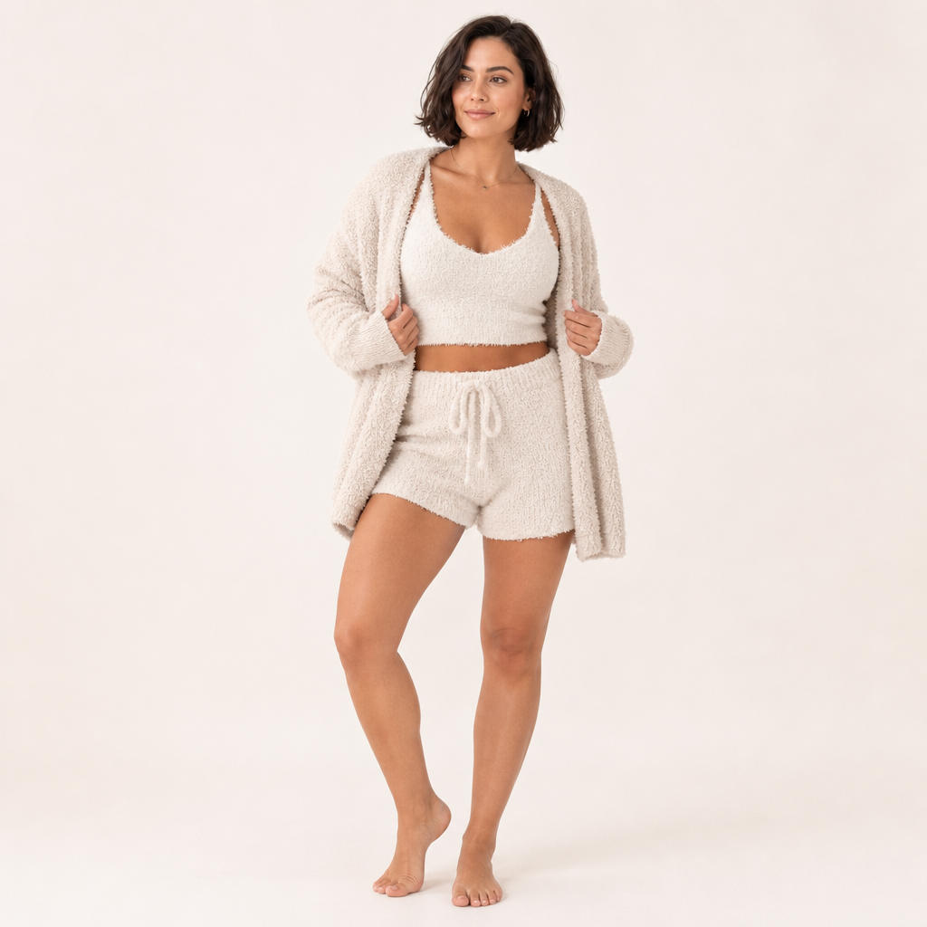 Women’s Three-Piece Textured Crop Vest, Shorts and Cardigan Set