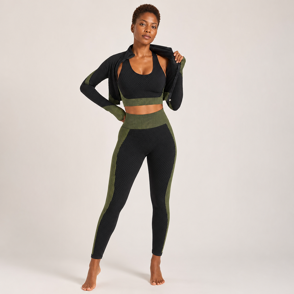 Women’s Three-Piece Textured Zip Jacket Leggings Set