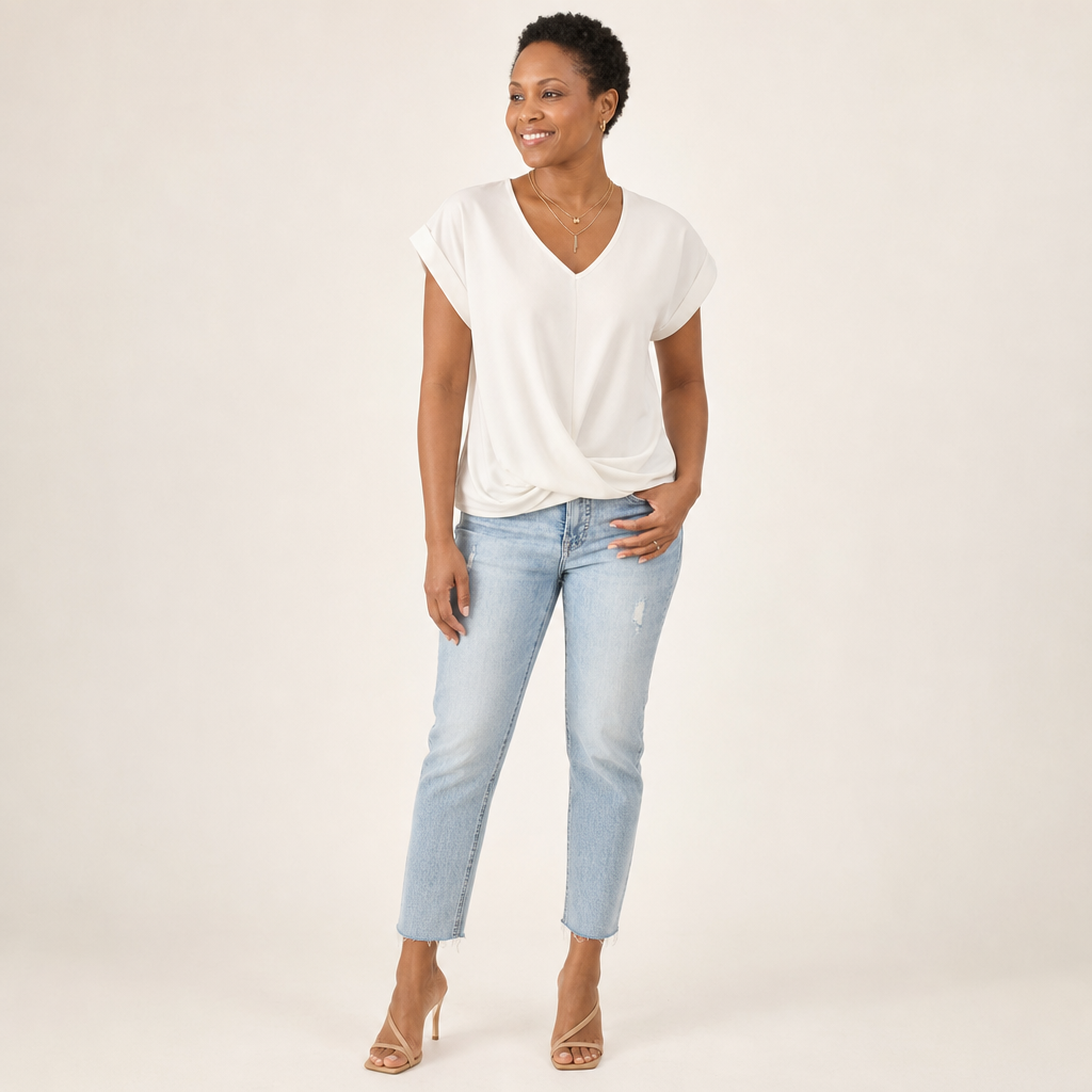 Women’s V-Neck Short-Sleeve Twist Hem T-Shirt