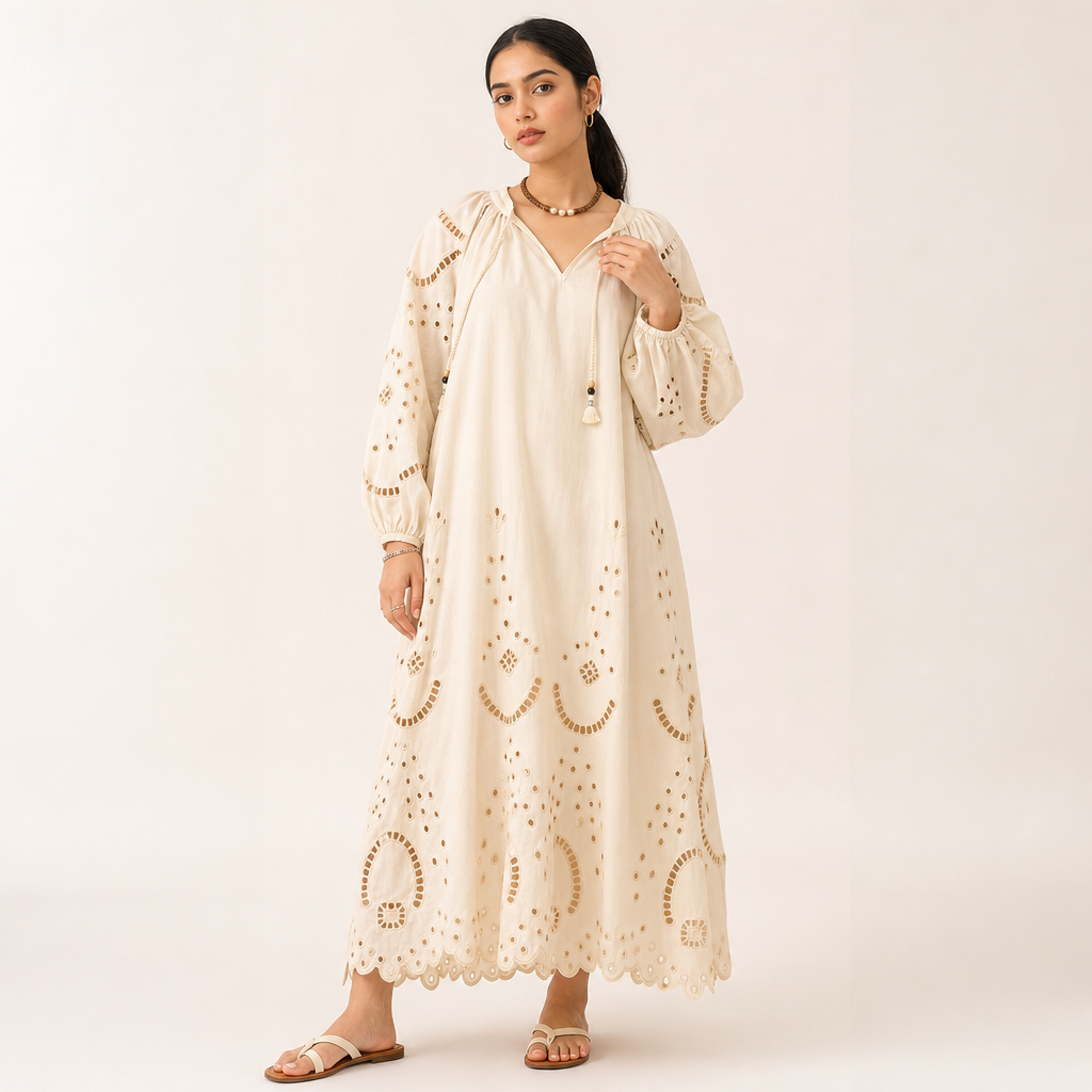 Women’s White Eyelet Embroidered V-Neck Maxi Dress