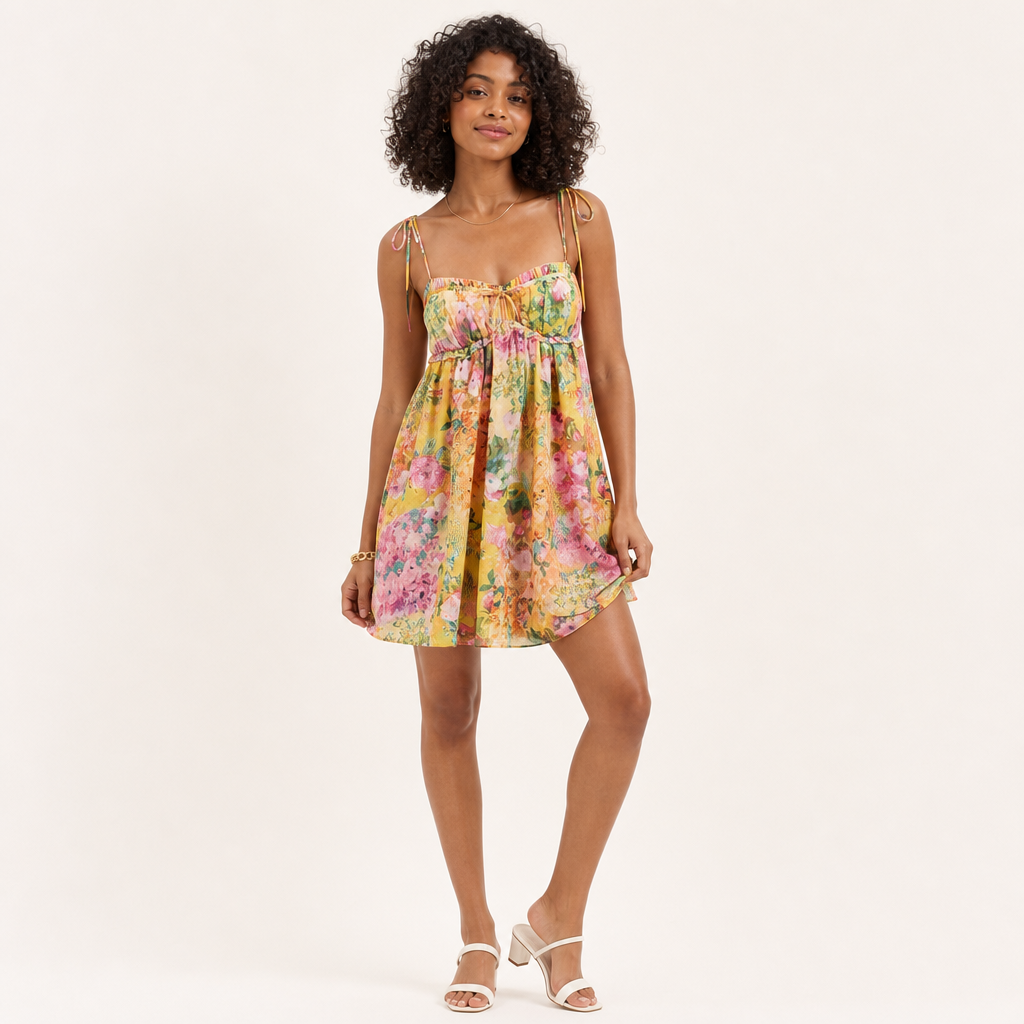 Women’s Yellow Floral Print Tie-Shoulder Mini Dress