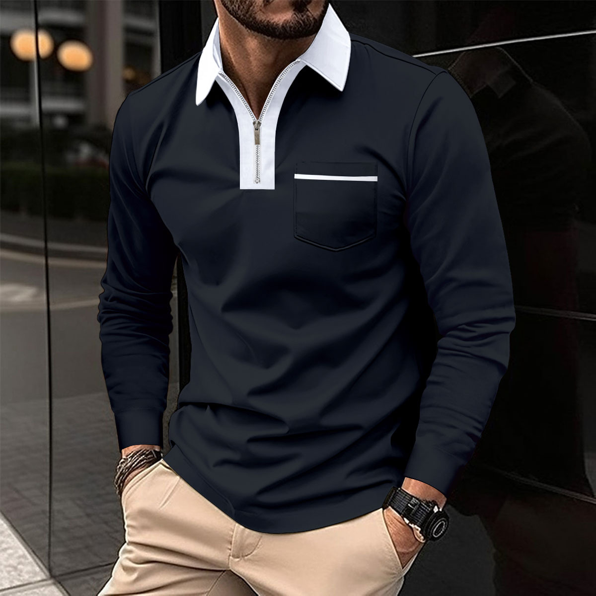 Men’s Long Sleeve Zip Polo Shirt With Contrast Collar Pocket