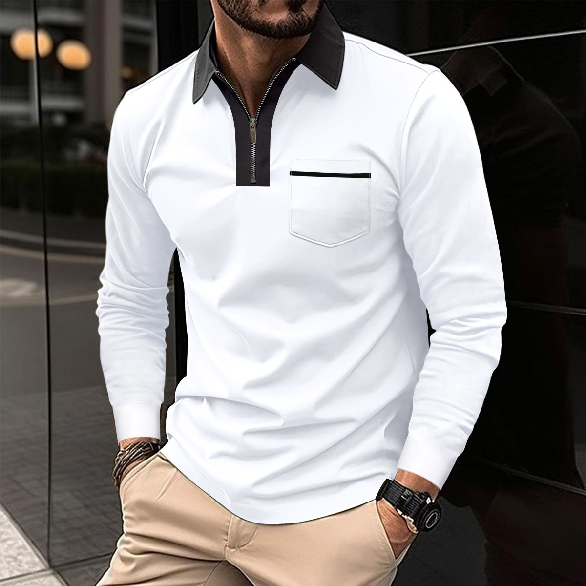 Men’s Long Sleeve Zip Polo Shirt With Contrast Collar Pocket