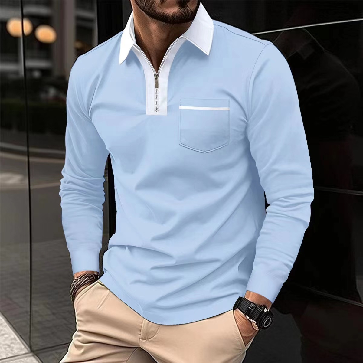 Men’s Long Sleeve Zip Polo Shirt With Contrast Collar Pocket