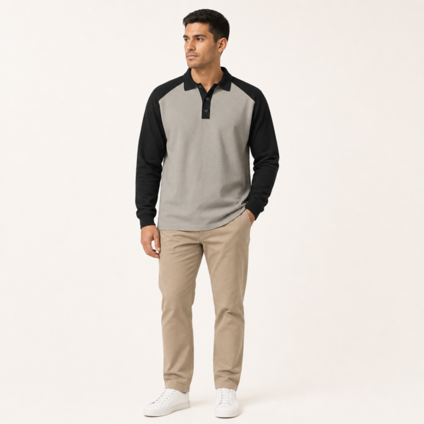 Men’s Long-Sleeve Colour-Block Pique Polo Shirt