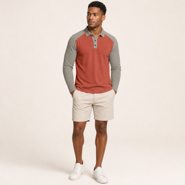 Men’s Long-Sleeve Contrast Polo Shirt