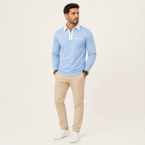 Men’s Long Sleeve Zip Polo Shirt With Contrast Collar Pocket