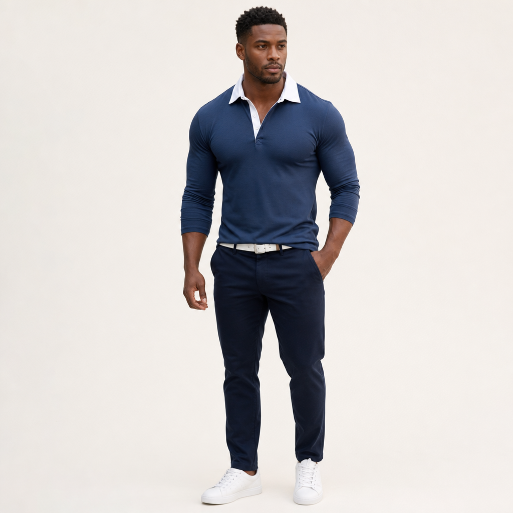 Men’s Navy Contrast Collar Long Sleeve Polo Shirt